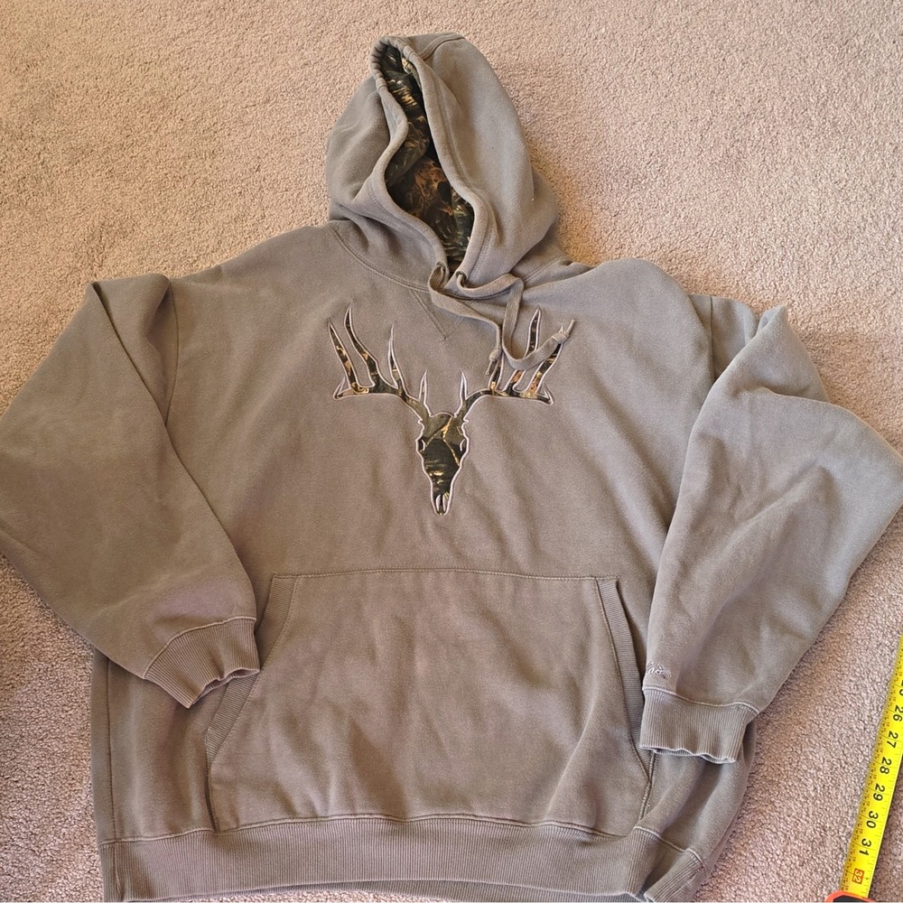 Cabela's Men's XL Regular Gray Fleece Pullover Hoodie Camo Lined Deer Skull